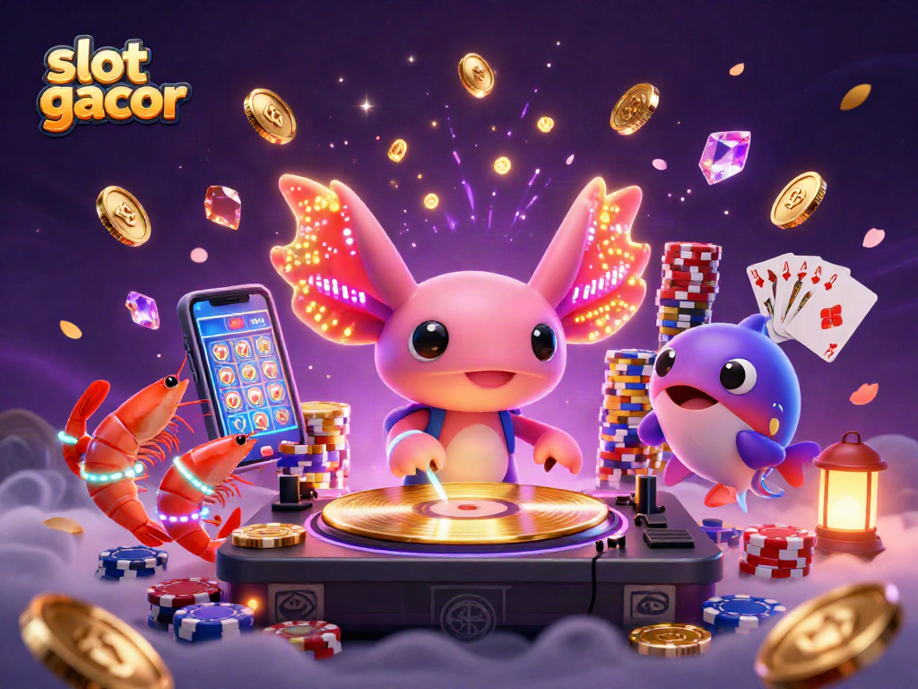 Experience the excitement with slot gacor as axolotl DJ spins vibrant records surrounded by gems.