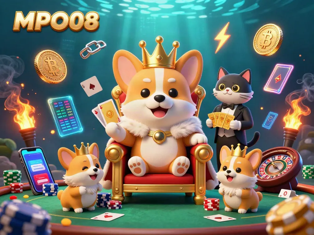 MPO08 showcases a royal gambling theme with a corgi on a poker chip throne amidst vibrant casino elements.