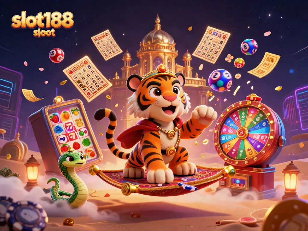 Permainan slot188 slot yang menarik dengan simbol keberuntungan dan karakter ramaian.