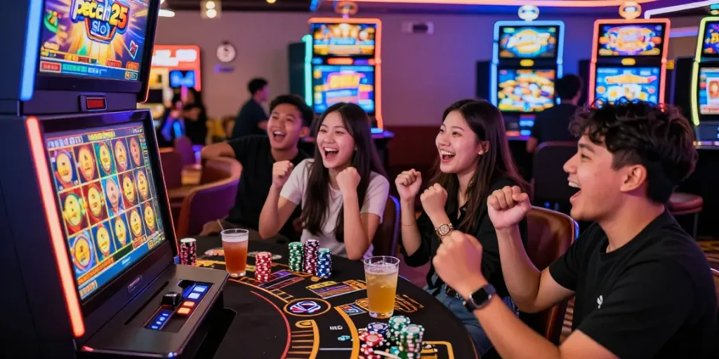 Kelompok teman bermain mesin slot digital "pecah25 slot" dengan suasana kasino yang ceria.