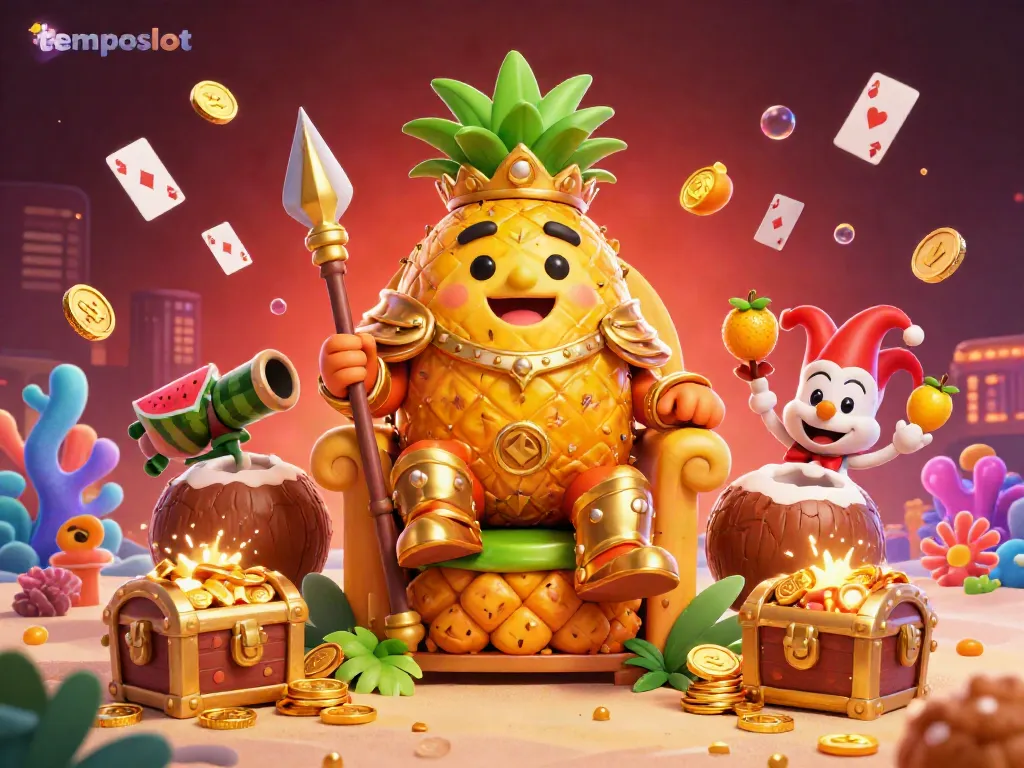 Join the fun at temposlot with a vibrant beach casino featuring a pineapple king and festive characters.