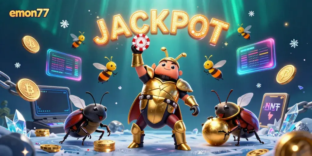 Engage with emon77 as a 3D cartoon beetle celebrates a jackpot win surrounded by crypto coins.