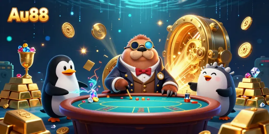 Experience excitement at Au88 with cartoon walrus and penguin dealing cards in a vibrant casino scene.