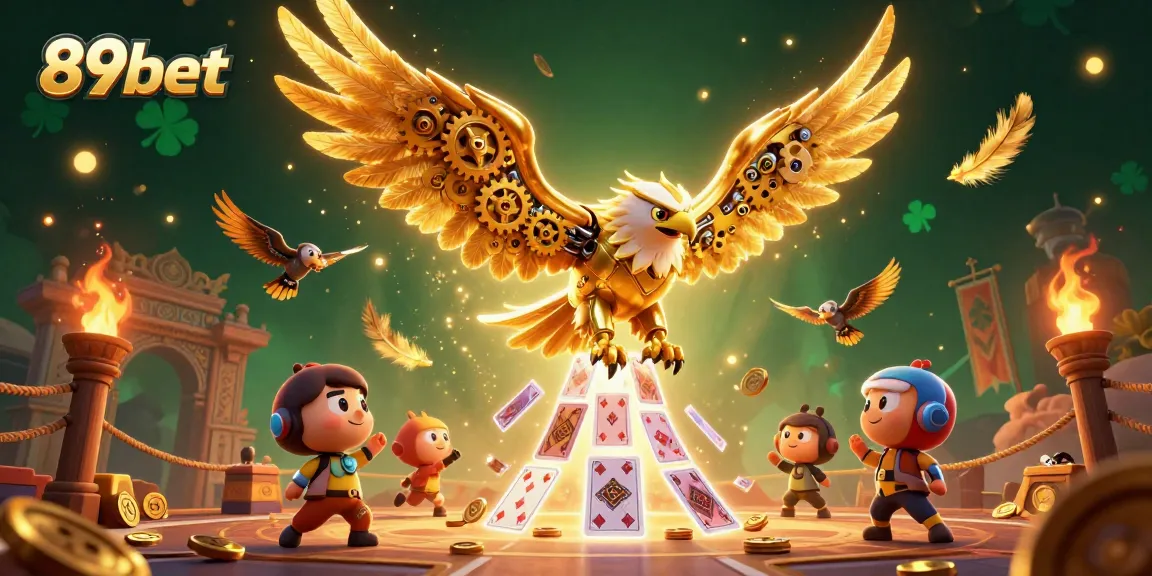 Experience thrilling 89bet action with a dynamic 3D scene featuring a golden eagle and playing cards.