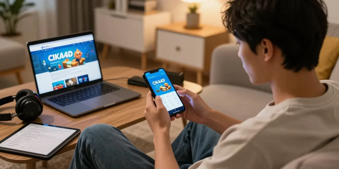 CIKA4D user enjoying Mahjong online on a smartphone in a cozy home setting.
