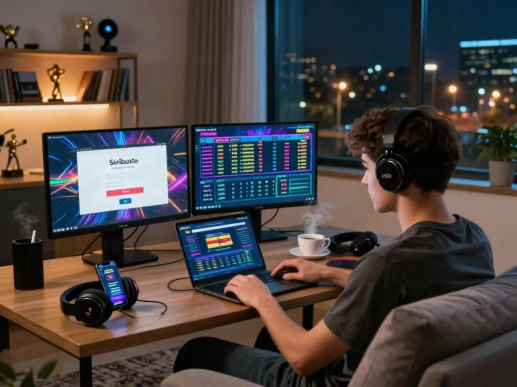 Seributoto Login interface displayed on a laptop during an engaging gambling session at home.