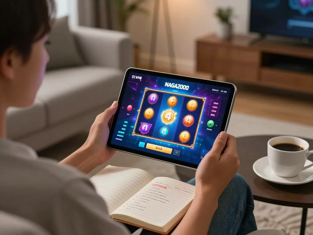 NAGA2000 player engaging in a vibrant online slot game from home, showcasing a strategic gaming atmosphere.