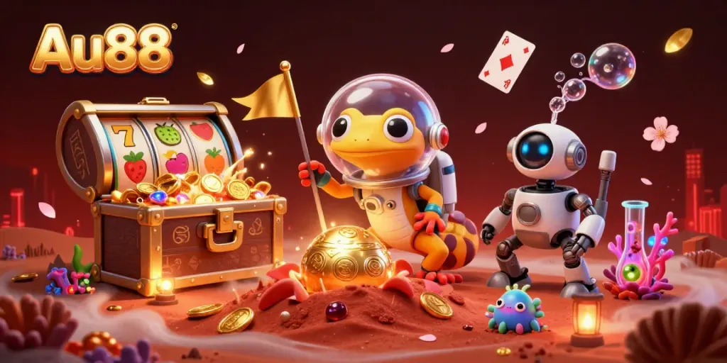 Experience the excitement of Au88 with a Martian gecko discovering a golden casino in a vibrant alien landscape.