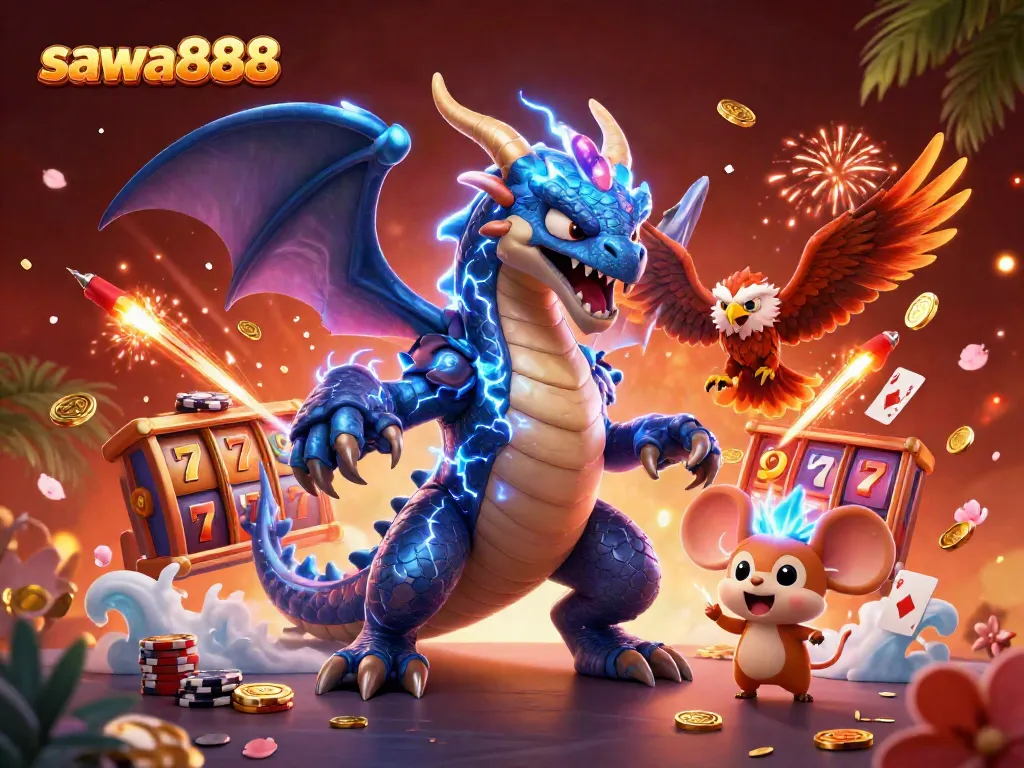 Engage in dynamic casino action with sawa888 featuring a thunder dragon and thrilling game elements.