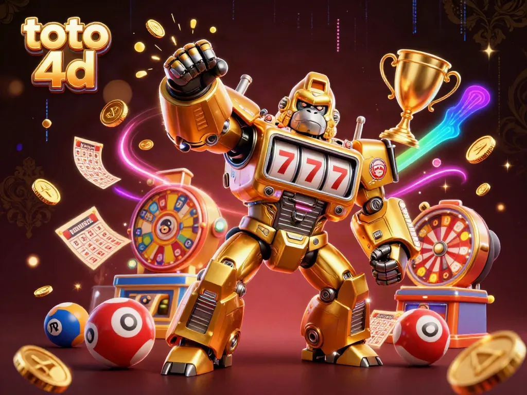 Engage with thrilling toto 4d gameplay featuring a vibrant 3D illustration of a golden gorilla mech and dynamic lottery elements.