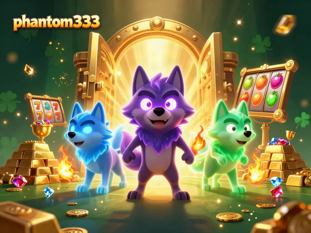 Experience thrilling wins with phantom333 in this vibrant casino scene featuring shadow wolves and treasures.