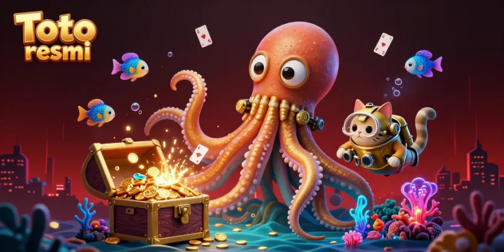 Experience thrilling gaming with the vibrant scene featuring Toto resmi, a kraken, and diving cat in a treasure-filled ocean.