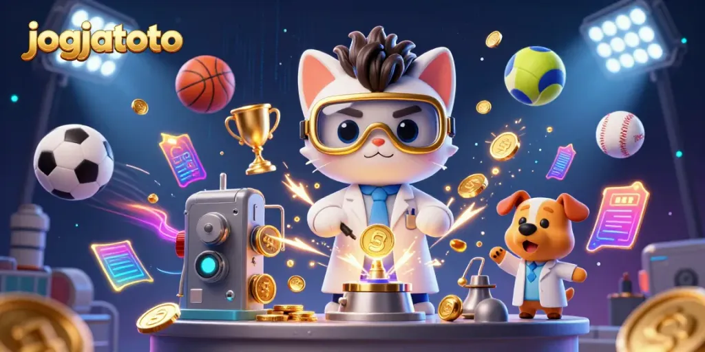 Experience thrilling wins at jogjatoto with a mad scientist and dog amidst a dynamic casino scene.