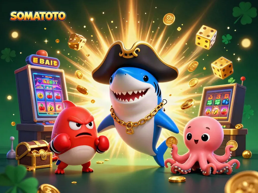 SOMATOTO features a playful pirate shark, pufferfish, and octopus in a vibrant casino scene with a jackpot machine.
