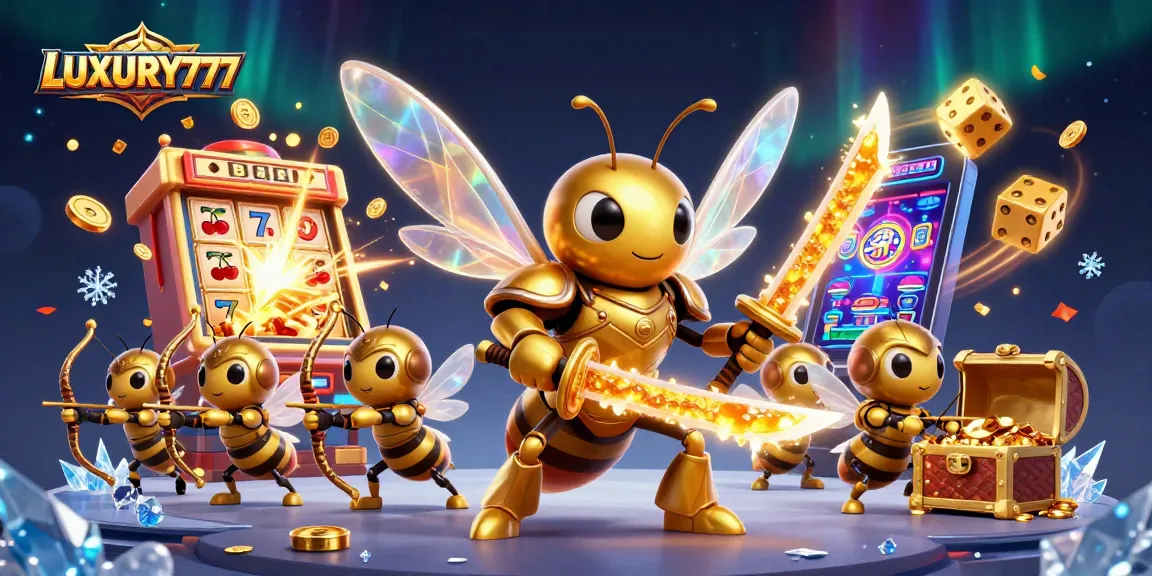 LUXURY777 menghadirkan ilustrasi kasino yang megah dengan hornet samurai dan elemen permainan slot yang dinamis.