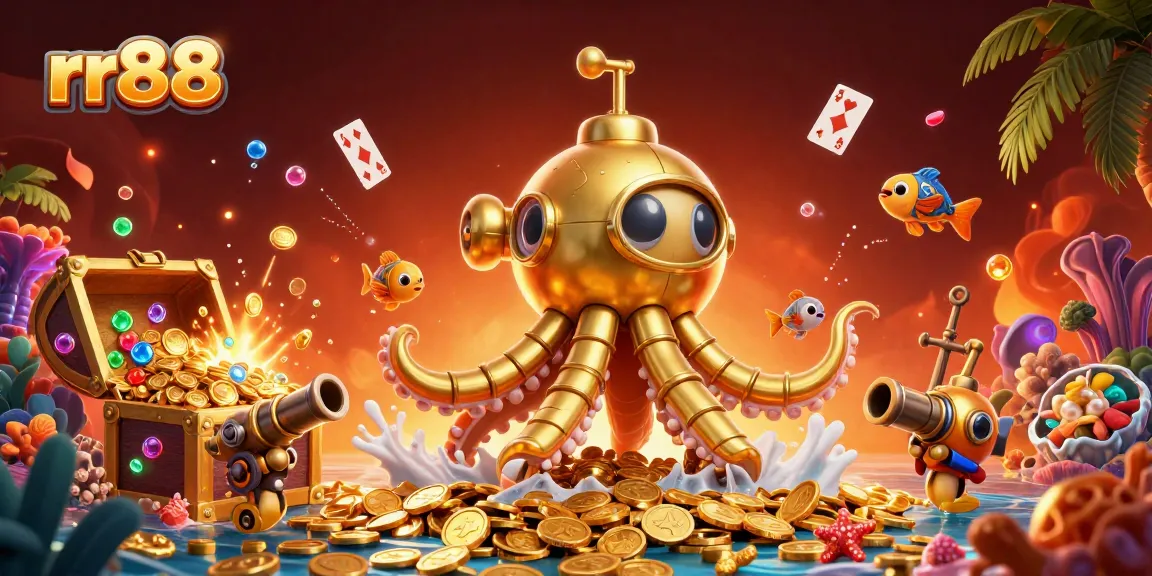 Engage in rr88's thrilling casino adventure with a golden kraken submarine and treasure amidst vibrant underwater scenes.