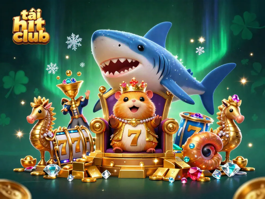 Win big with tải hit club in an engaging casino scene featuring a golden hamster king and slot elements.