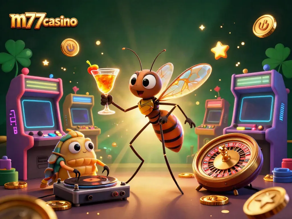 M77casino menghadirkan ilustrasi kasino yang penuh warna dengan karakter unik dan elemen permainan menarik.