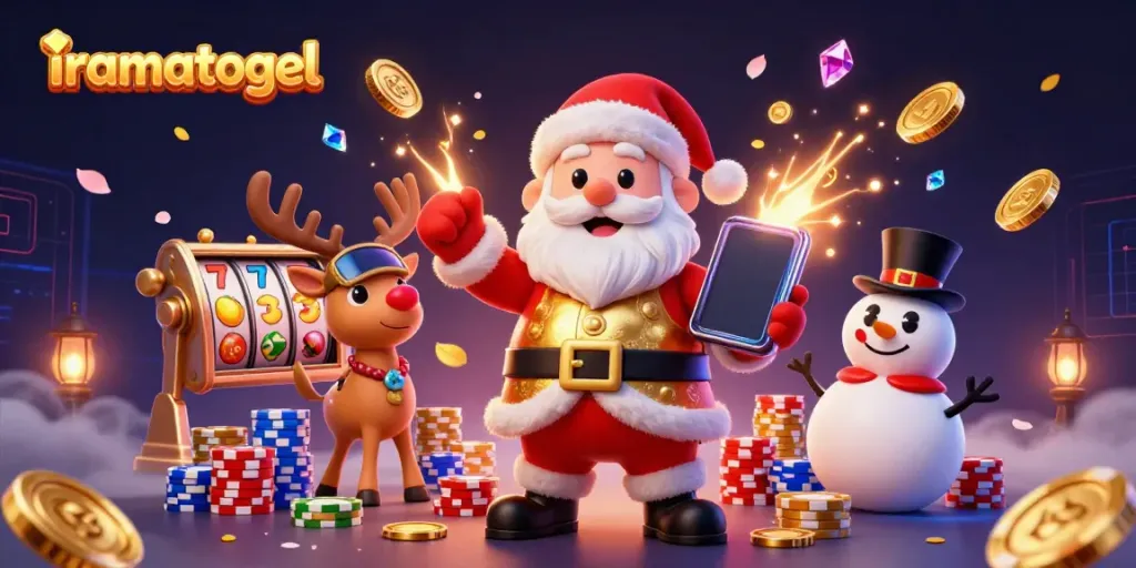 Experience exciting wins at iramatogel with dynamic slot reels and cartoon characters in a vibrant casino atmosphere.