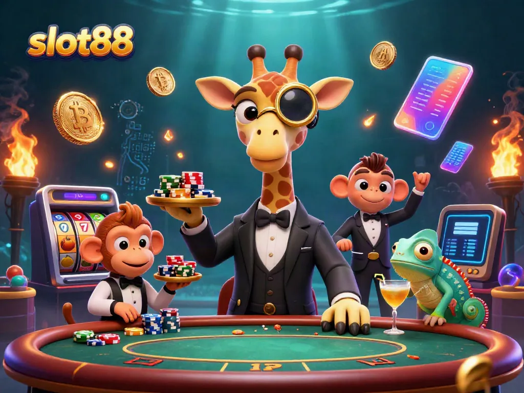Experience thrilling slot88 gameplay with the high-roller giraffe and monkey valet in this dynamic casino scene.