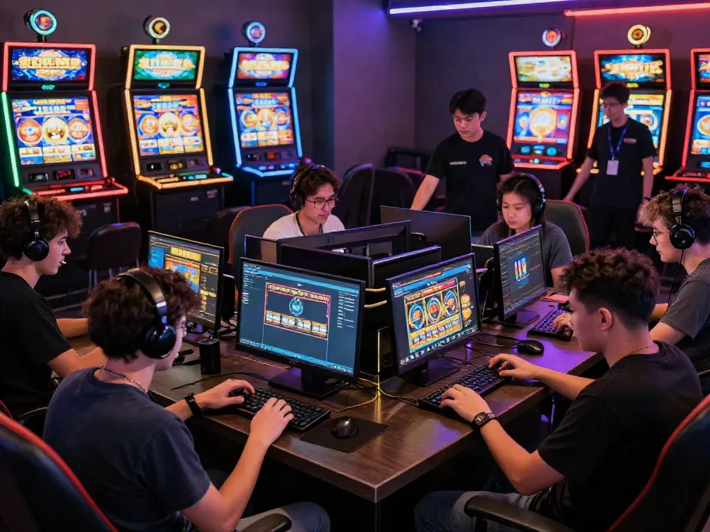 Players enjoying slot gacor games in a vibrant gaming lounge.