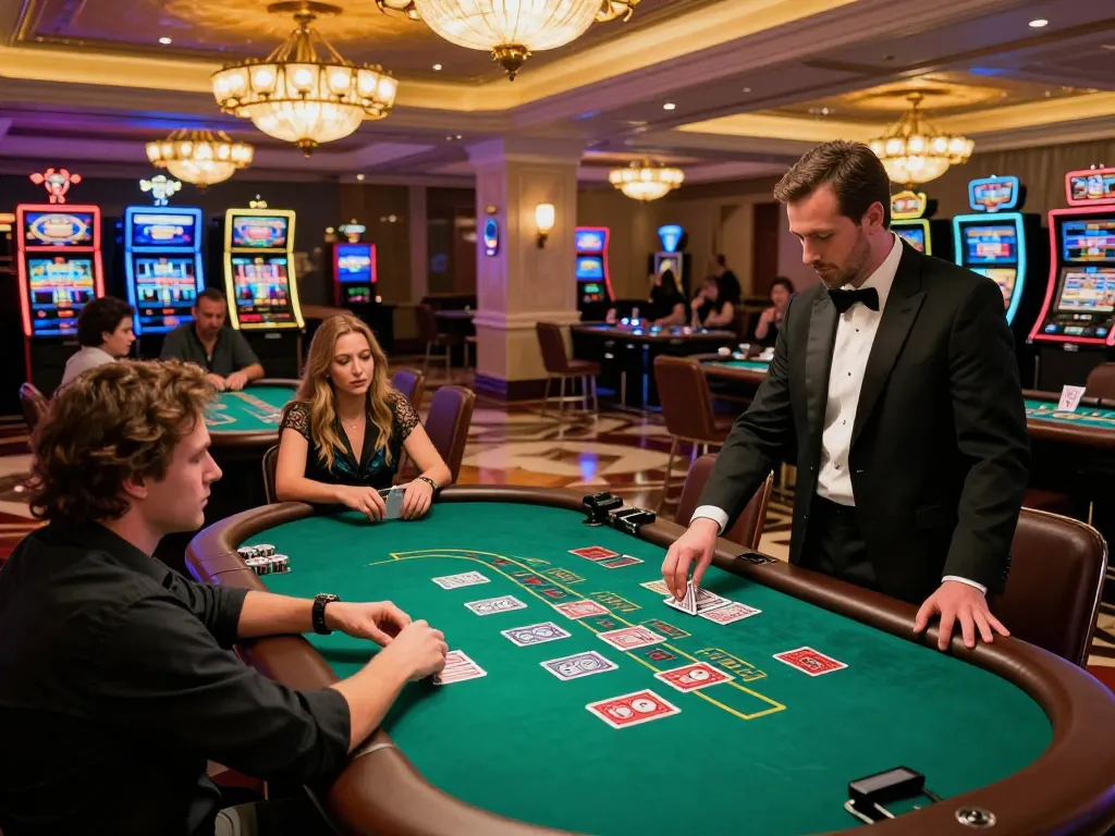 QQMobil players engaged in a blackjack game under warm casino lights, showcasing excitement and strategy.