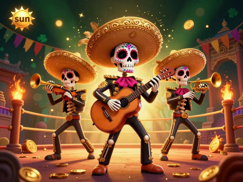 Engage in thrilling casino action with sun-themed mariachi characters surrounded by gold and lucky elements.