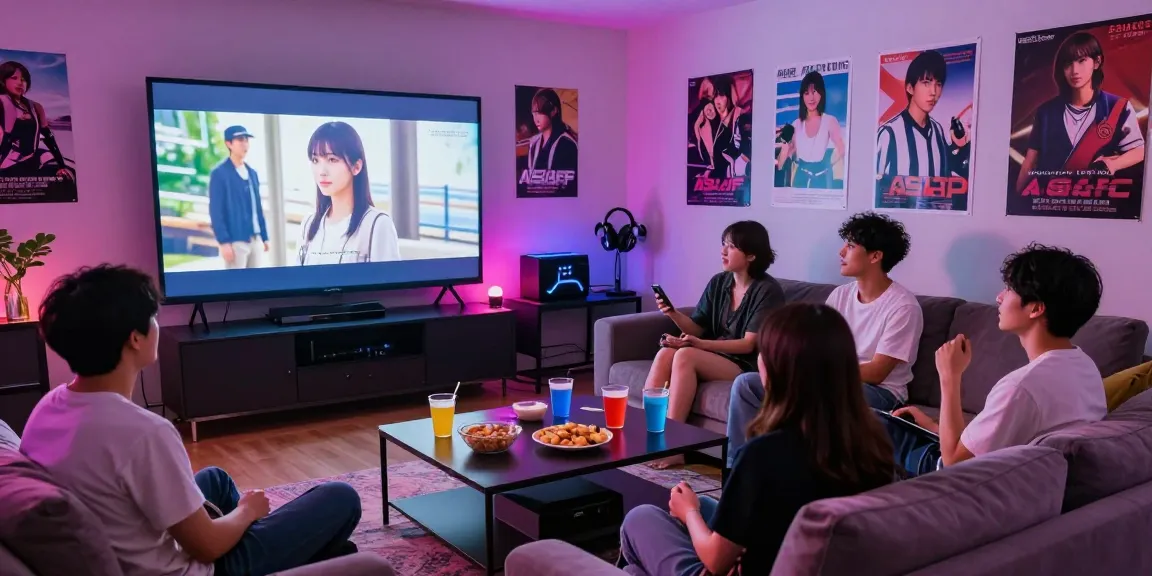 Group enjoying situs film jav terbaru in a cozy living room with ambient lighting and snacks.