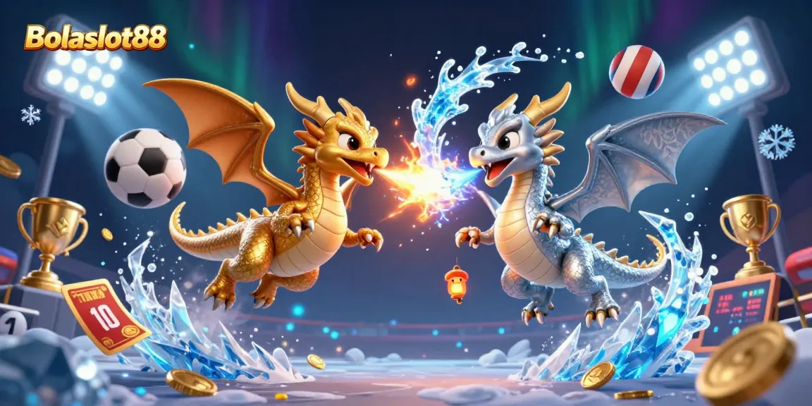 Bolaslot88 offers thrilling casino action with twin dragons breathing fire and ice amidst dynamic sports elements.