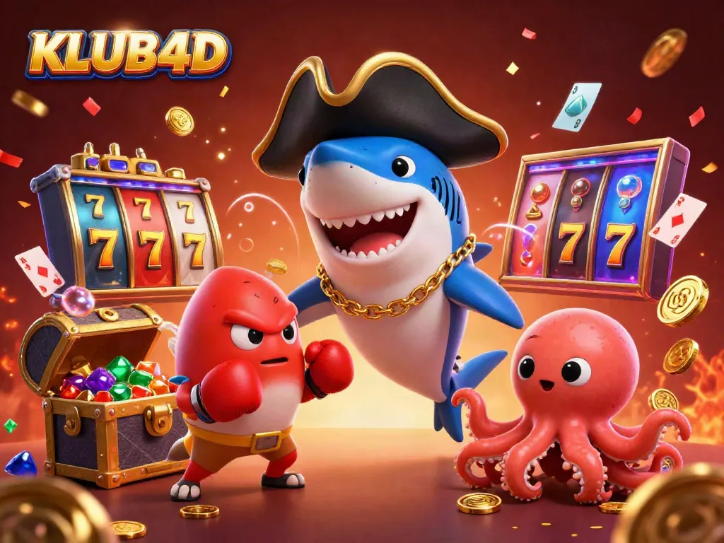 KLUB4D menampilkan ilustrasi kasino animasi dengan karakter hiu dan permainan slot yang spektakuler.