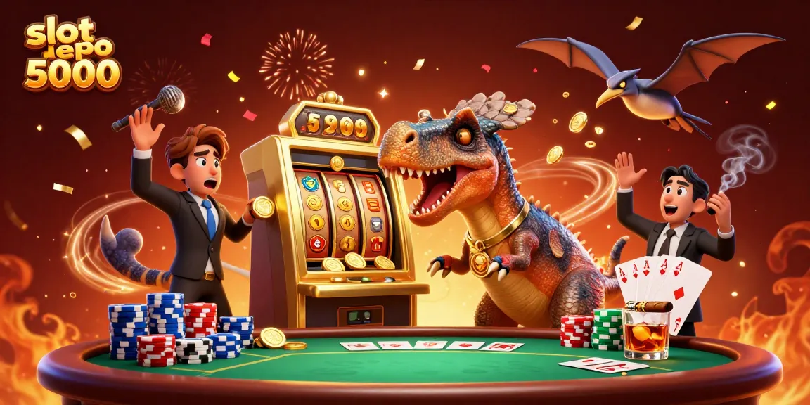Experience excitement with slot depo 5000, as a cartoon dinosaur hits a jackpot, capturing the thrill of winning!