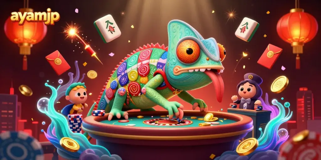 Engage with AYAMJP's colorful casino experience featuring a chameleon character amidst festive game elements.
