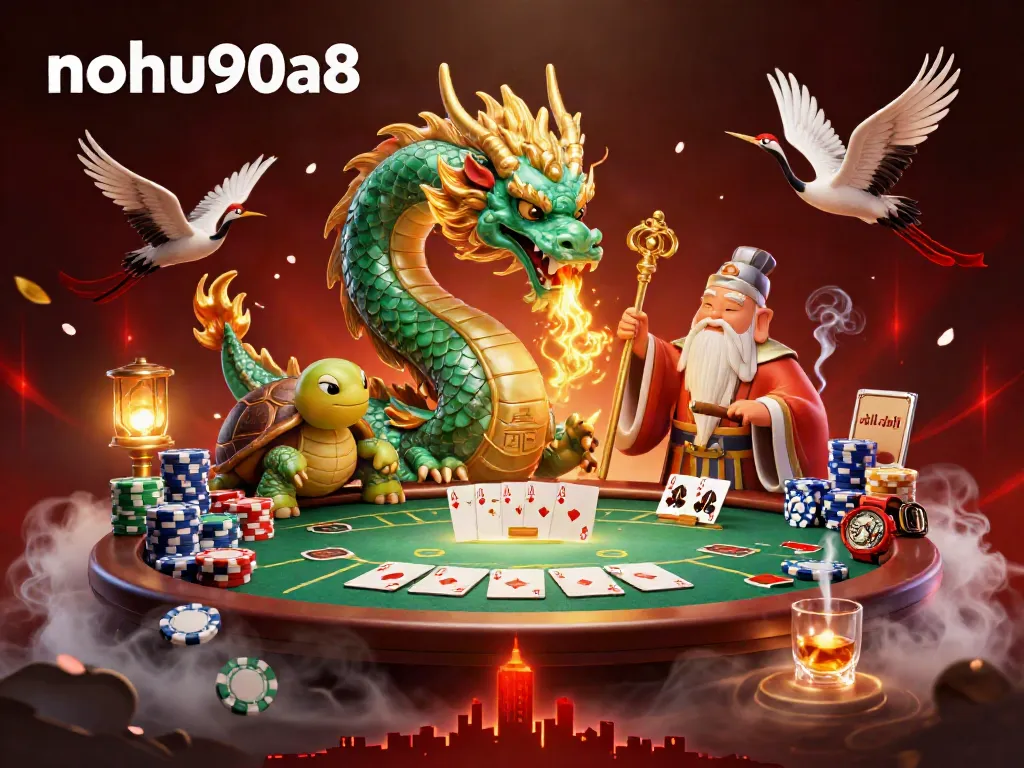 Engage with nohu90a8's vibrant casino world featuring a jade dragon, turtle sage, and poker elements.