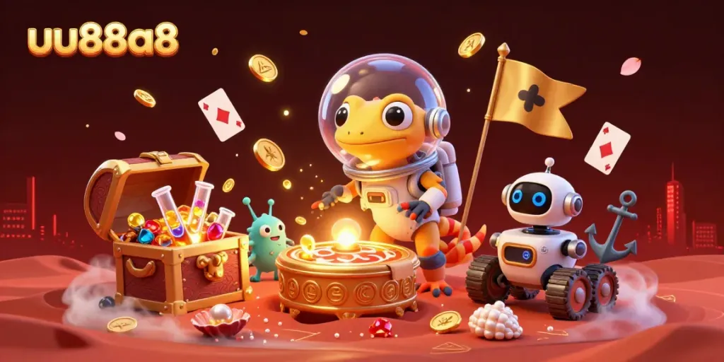 Engage with the uu88a8 Martian gecko exploring a golden casino on Mars, surrounded by vibrant gaming treasures.