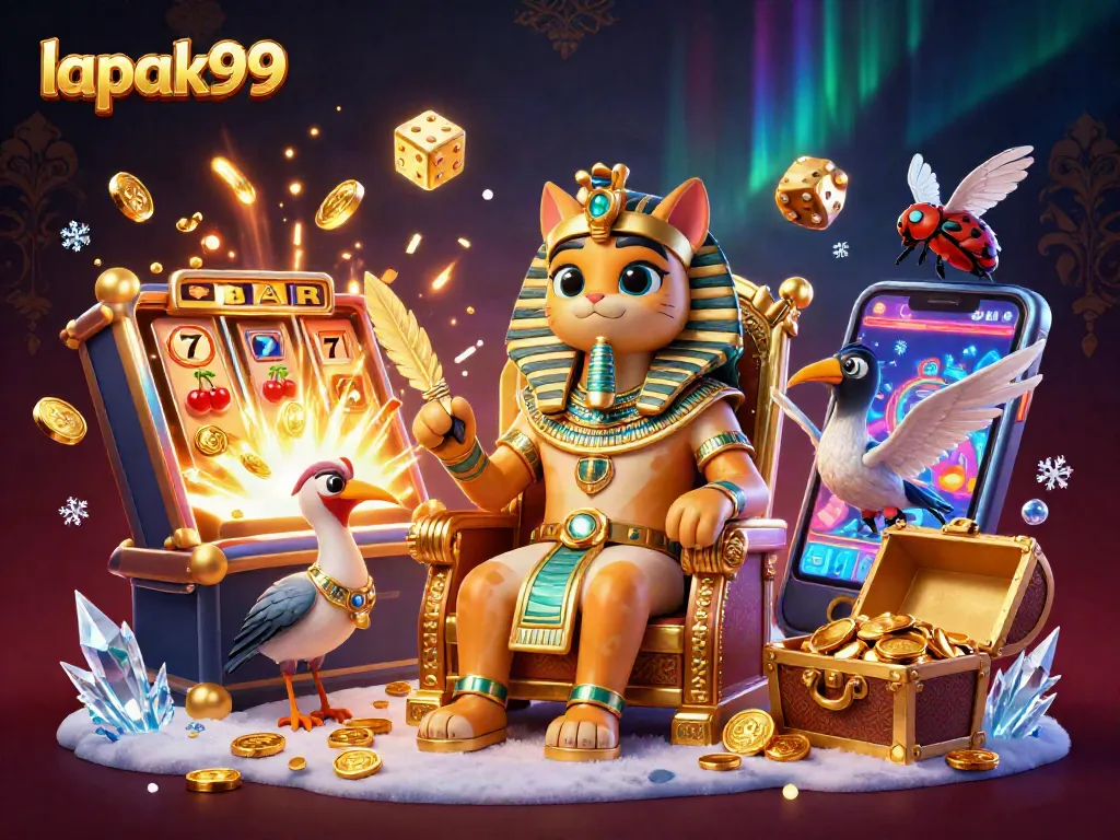 Engage with lapak99's vibrant 3D casino art featuring an Egyptian pharaoh cat amid dazzling slot machines.