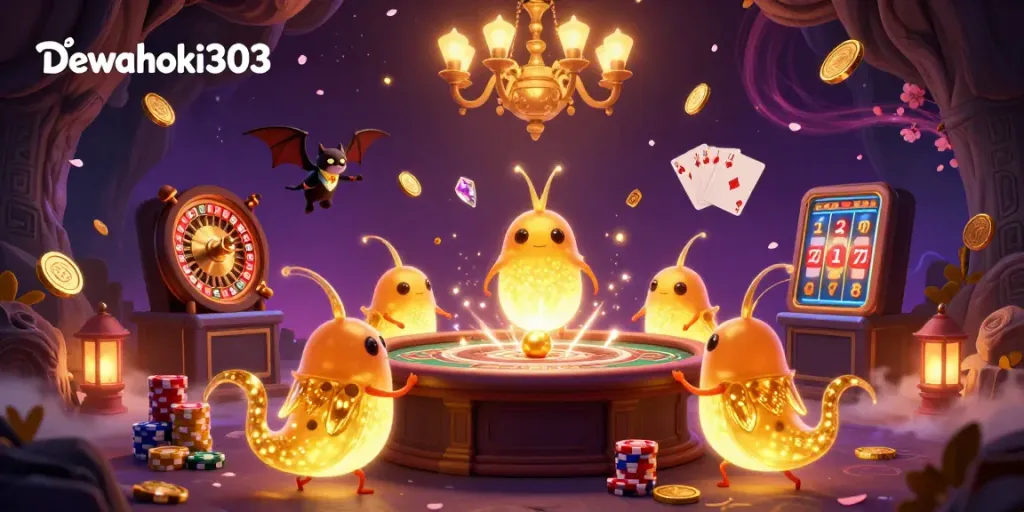 Illuminasi Dewahoki303 berupa glowworms di kasino gua dengan koin emas dan slot modern.