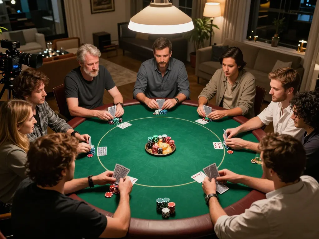 Pemain menikmati malam poker di rumah dengan chip dan kartu hwg500 di meja.
