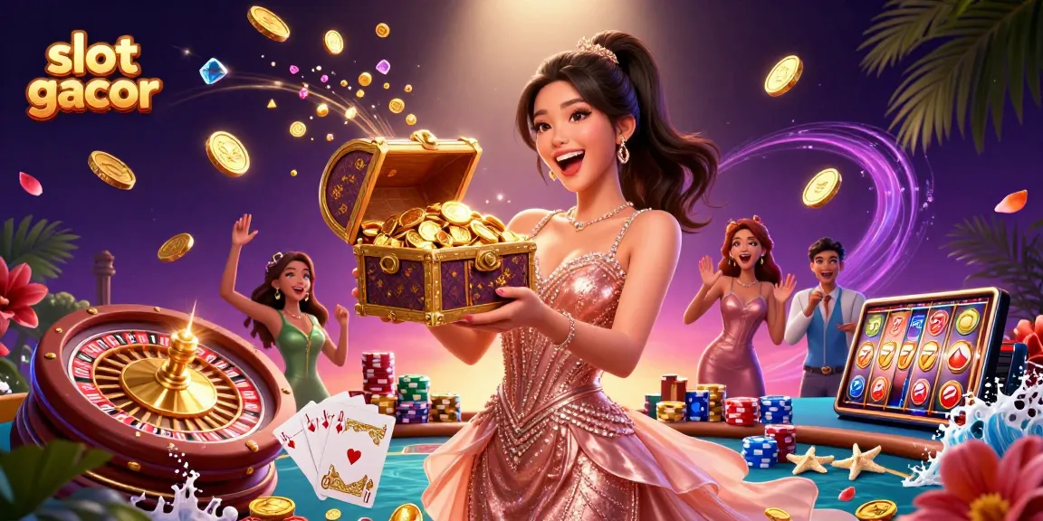 Experience slot gacor with treasures spilling from a chest in a dynamic casino scene.