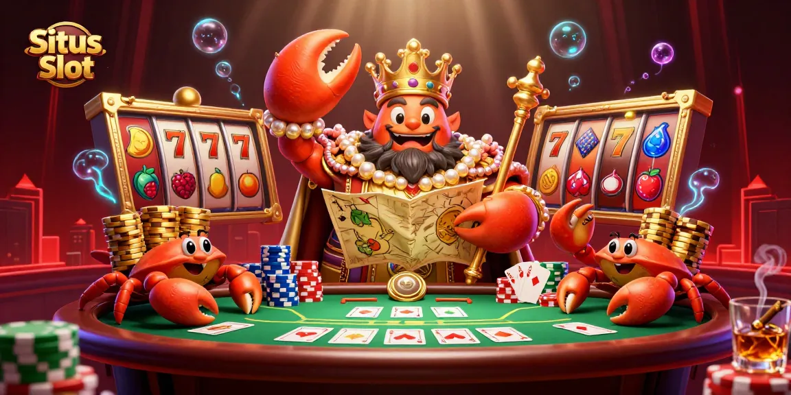 Situs Slot illustration featuring a golden crab emperor, vibrant slot reels, and colorful poker chips in a lively casino scene.