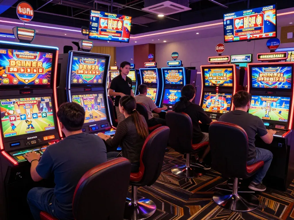 Pemain menikmati pengalaman bermain yang hidup di kasino online virus88, menampilkan aksi mesin slot yang menarik dan layar digital yang mengesankan.