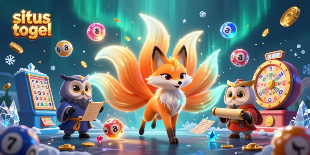 Engage with situs togel through an exciting 3D illustration of a nine-tailed fox spirit, owl sage, and vibrant lottery elements.
