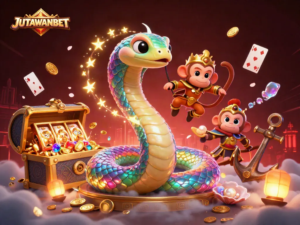Engage with JUTAWANBET’s vibrant gaming action featuring a rainbow serpent and treasure-filled slot scene.