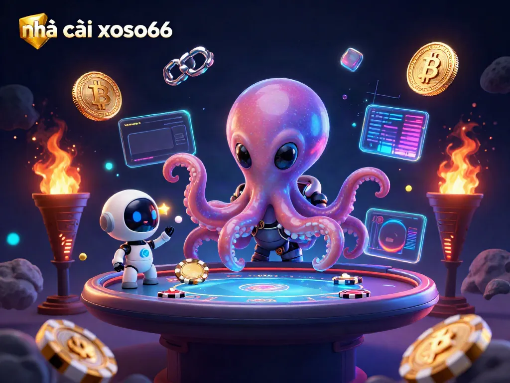 Engaging scene of nhà cái xoso66 with an alien octopus at a poker table amongst asteroids and crypto elements.