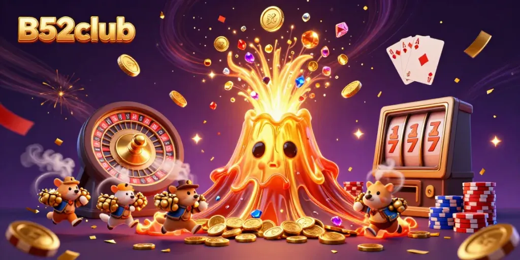 Engage in thrilling gameplay at B52club with a vibrant illustration featuring a golden volcano erupting treasure.