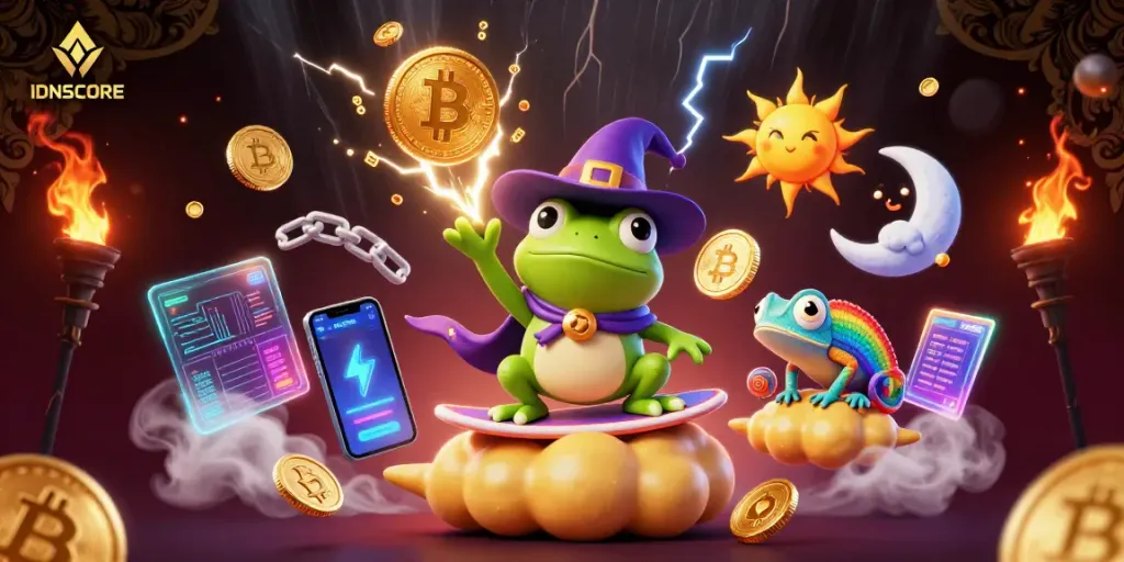 Experience IDNSCORE's thrilling adventure as a wizard frog conjures golden coins in a magical casino setting.
