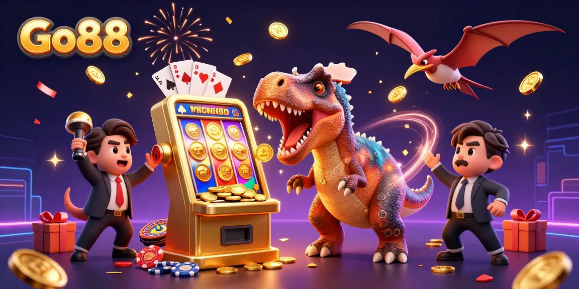 Go88 casino illustration of a pachycephalosaurus hitting a slot machine for golden jackpots.