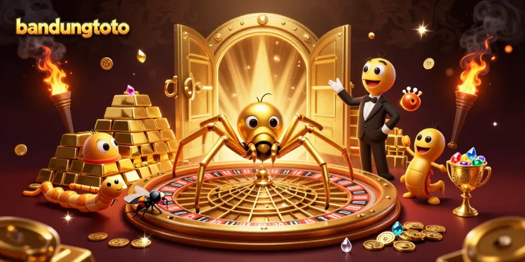 Experience the thrilling action at bandungtoto with a golden spider and flying bets in a captivating 3D scene.