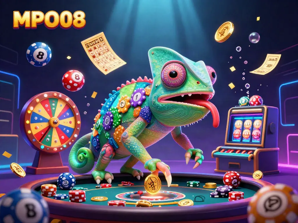 Engage with MPO08's colorful lottery scene featuring a chameleon owner surrounded by dynamic game elements.