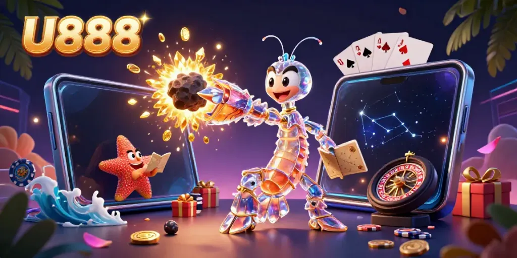 Experience U888's vibrant gaming world with a samurai mantis shrimp and starfish navigating neon riches.