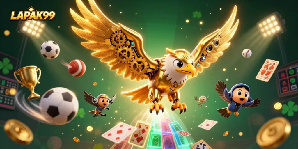 LAPAK99 eagle soaring through holographic cards, embodying thrilling sports betting action
